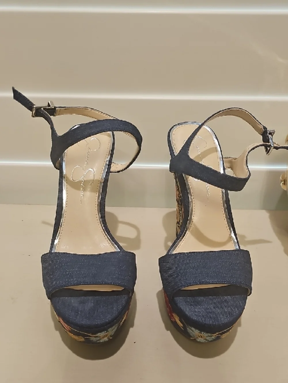 Jessica Simpson Navy Embroidered Platform Sandals - Picture 2 of 3